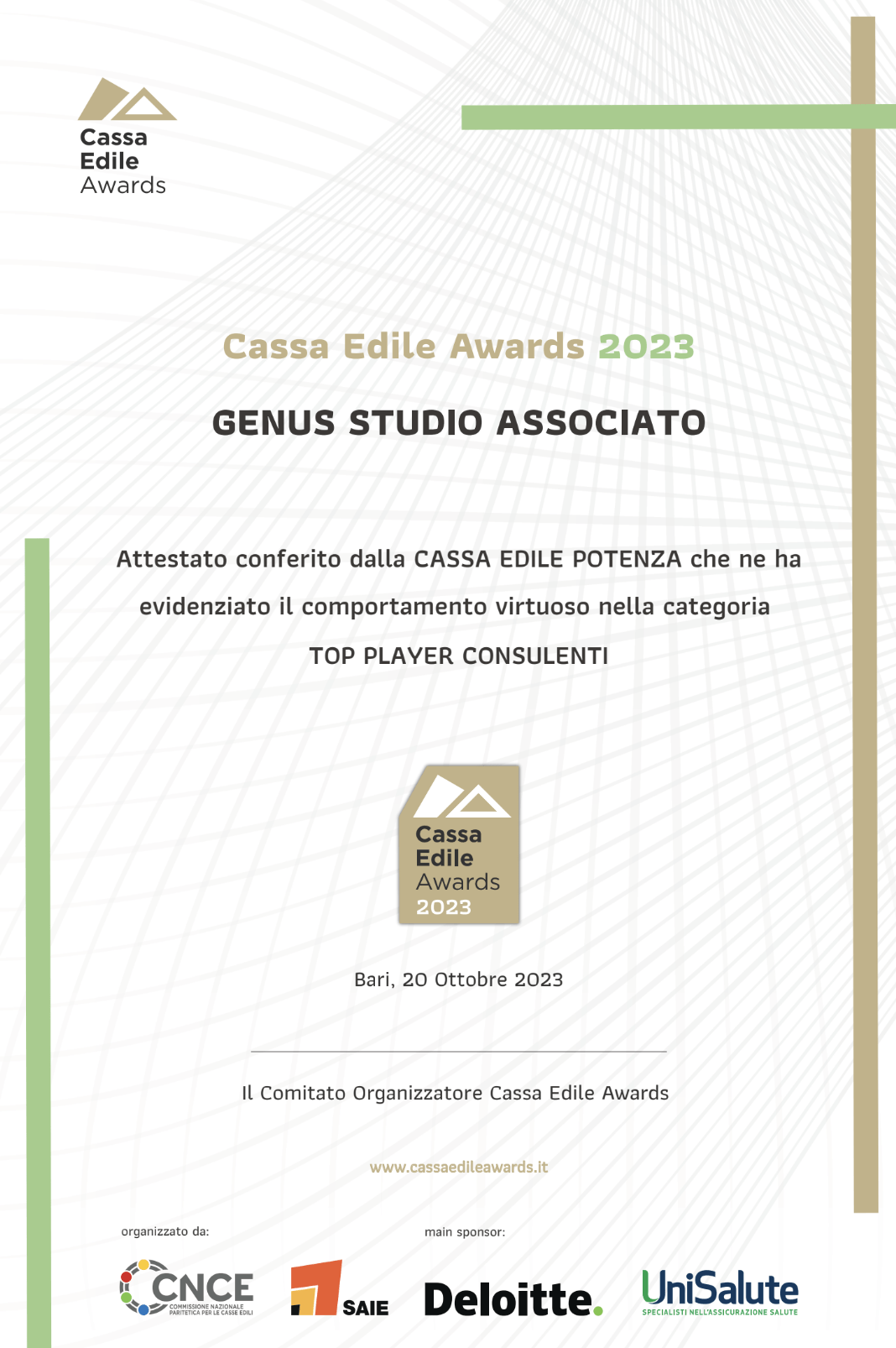 Lo Studio Genus si riconferma vincitore del Bollino Cassa Edile Awards 2023
